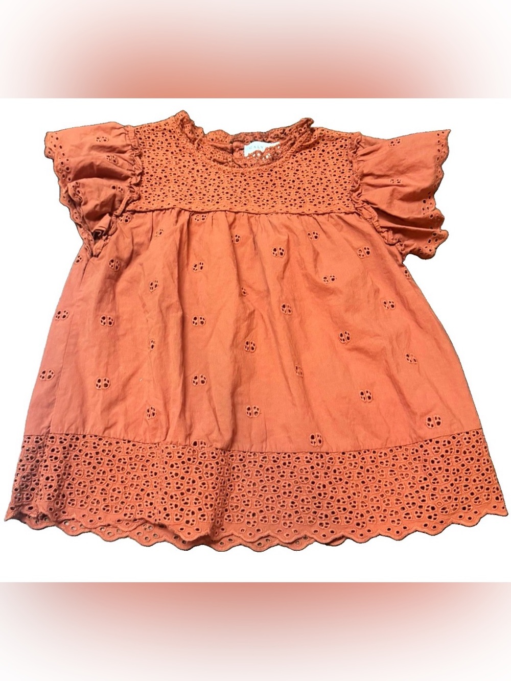Calypso St. Barth Coral Eyelet Ruffle Puff Short Sleeve A-Line Blouse Womens M